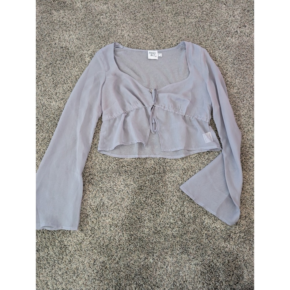 Princess Polly Sheer Tie Front Long Sleeve Crop Top Grey US‎ 2 Bell Sleeve Boho